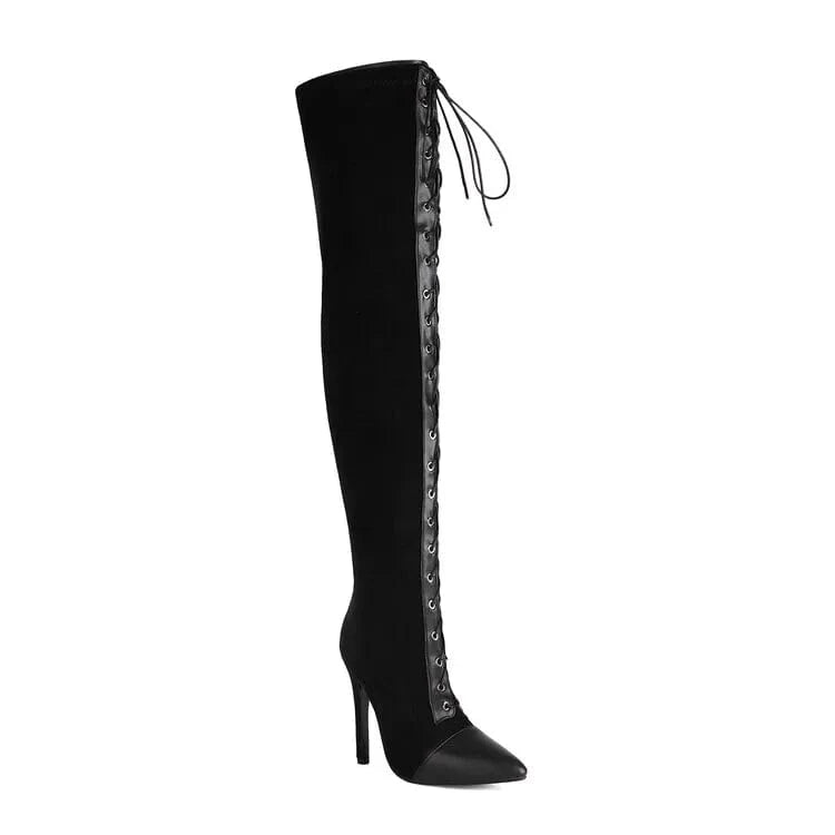 48 / Black Large Size 48 Lace up Stretchy Thigh High Boots Women's Stiletto Over-knee Long Booties Thin Heels Wide Leg Fit