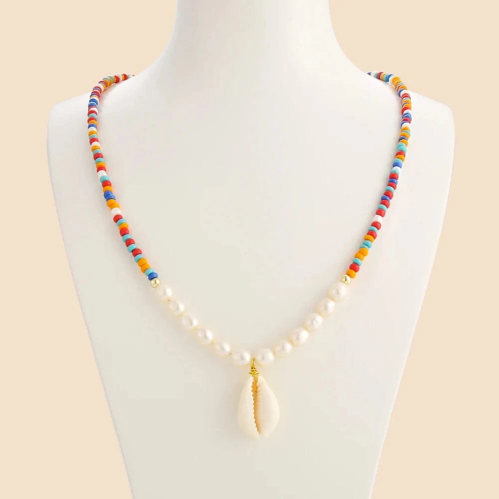 49cm / KRKC-0098-CH-49cm KRKC Hawaiian Tear Drop Shell Natural Pearl Pendant Jewelry Wholesale Trendy 18k Gold Bohemian Women Colorful Bead Necklace