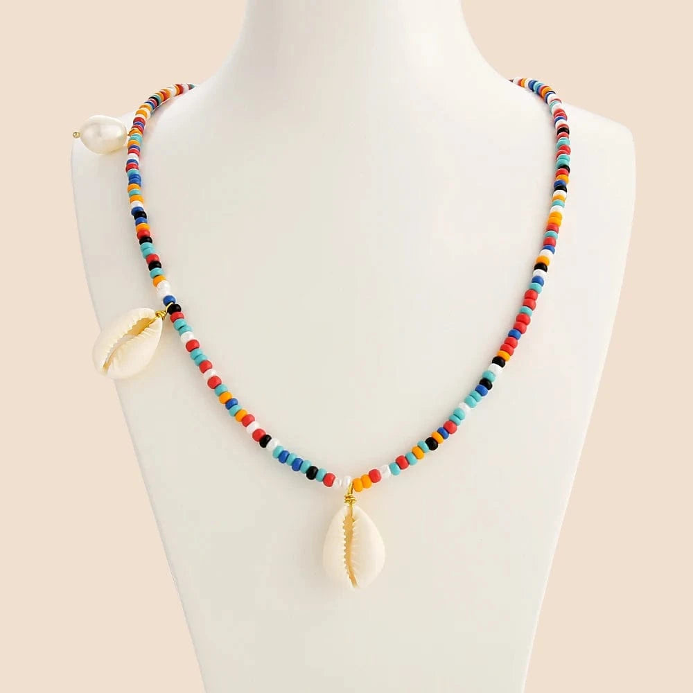 49cm / KRKC-0099-CH-49cm KRKC Hawaiian Tear Drop Shell Natural Pearl Pendant Jewelry Wholesale Trendy 18k Gold Bohemian Women Colorful Bead Necklace
