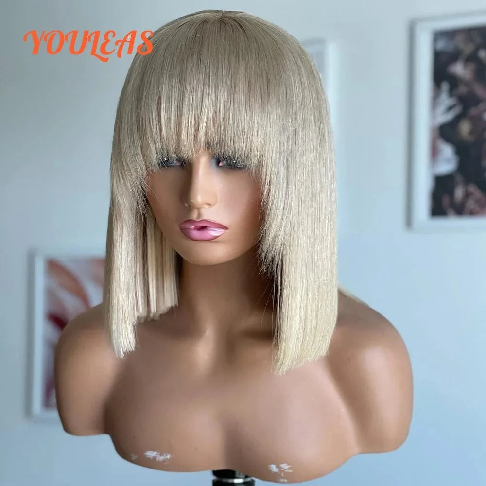 4x4 Lace Closure Wig / 14inches / 250% 613 Blonde Short Bob Straight Transparent Lace Closure Glueless Wig Human Hair Ready To Wear With Bangs Pixie Cut Bob Wigs