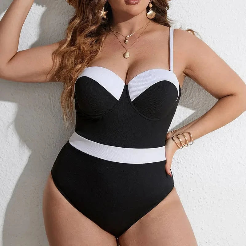 4XL / Black and white color matching DAMOCHIC Plus Size One-piece Swimsuit Summer Color matching Backless Bathing Suit V-Neck Thin shoulder straps Beachwear 2023