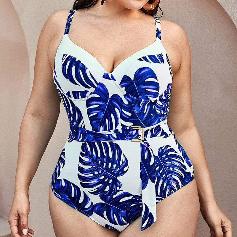 4XL / Blue and White DAMOCHIC 2023 Blue Tropical Leaf Print Swimsuit 3xl Luxury Waist Belt One Piece Plus Size Swimwear Bikini for Fat Women Supplier