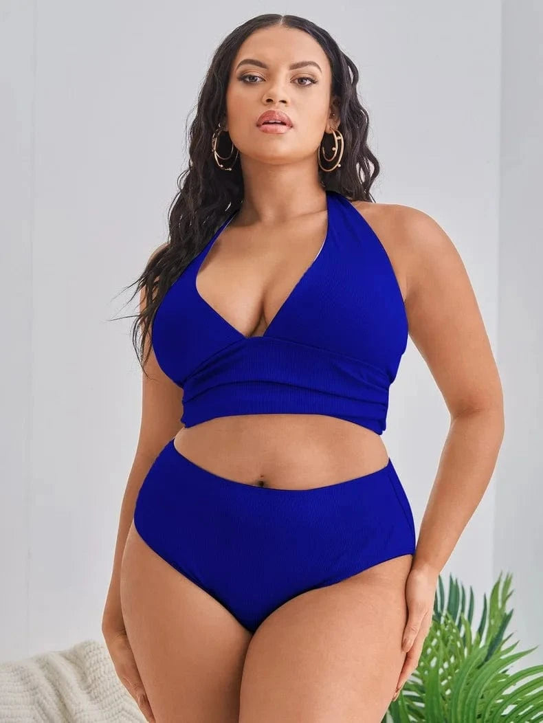 4XL / Blue DAMOCHIC Big Bust Swimwear Sets Halter Neck Plus Size Women Swimsuit Solid Color Support Large Breast Bikinis High Waist 2023