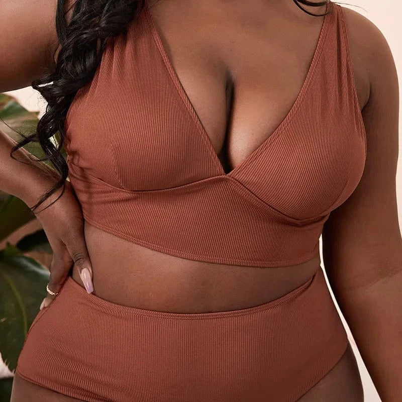 4XL / Red DAMOCHIC Two Piece Ribbed Swimwear Large High Waist Push Up V Neck Beach Wear for Fat Women Plus Size Swim Suits Bikini Set 2023