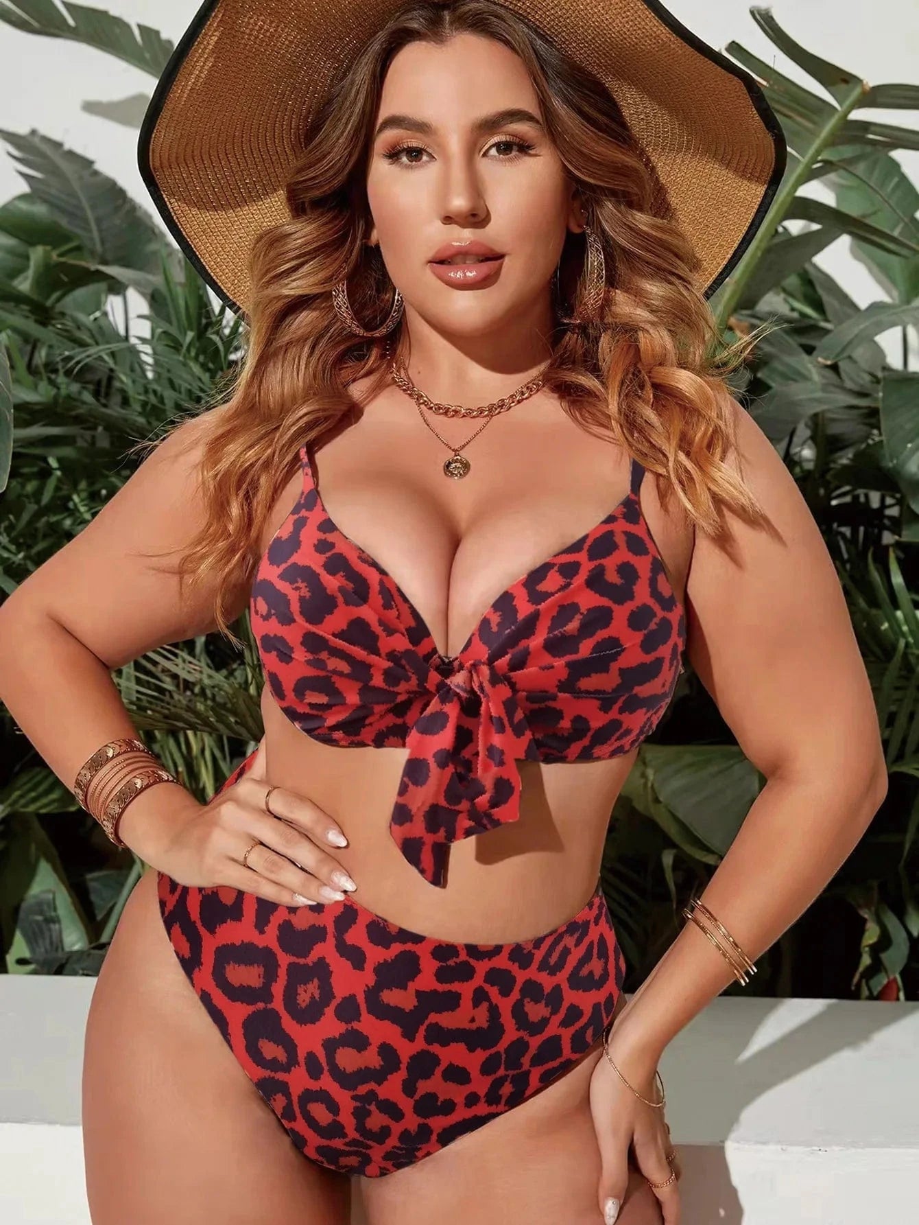 4XL / Red DAMOCHIC Wholesale Large Size Swimsuit for women Summer Leopard print Bow Bikini High-Waisted V-neck Bathing Suit 2023