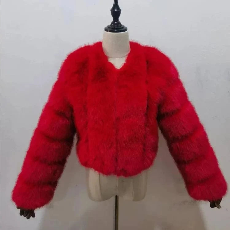 4XL / Red New Design Plus Size Outdoor Furry Fall Ladies Fluffy Mommy And Me Adult Warm Trendy faux fox fur coats winter women's jackets