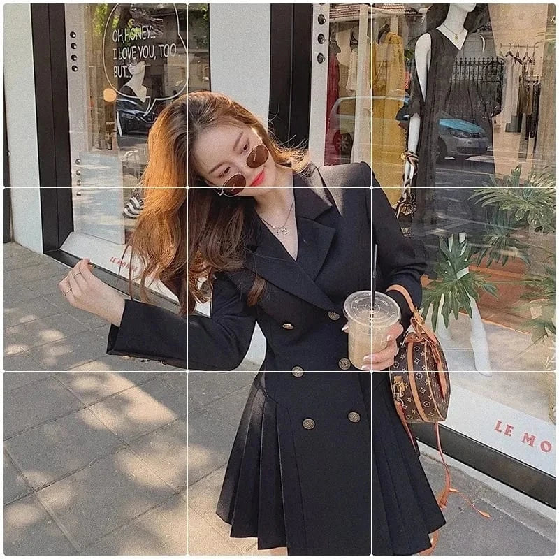 4XL Women's Fat mm Hepburn Double breasted Blazer Suit Dress Autumn and Winter Waist Shrinking Long Sleeve Pleated Dress Orange