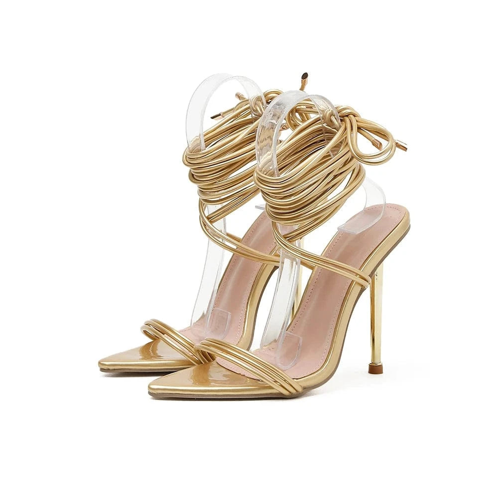 5 / 37 / Gold heeled sandals fashionable women sandals lace up pointed toes luxury gold heels christmas shoes