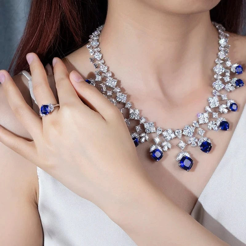 5 / 925 silver Messi Jewelry 925 Silver White Gold Custom Moissanite Lab Sapphire Chain Necklace Ring Jewelry Set