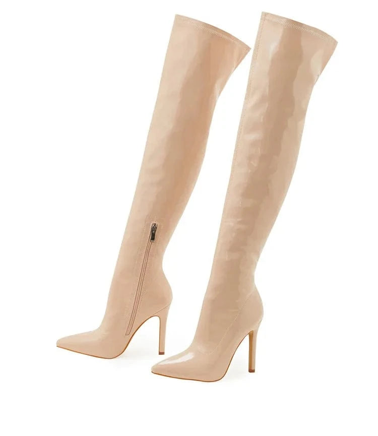 5 / apricot BUSY GIRL XSD4793 long boots for women soft leather zip 11.5cm high heels for ladies over thr knee stretch thigh high boots