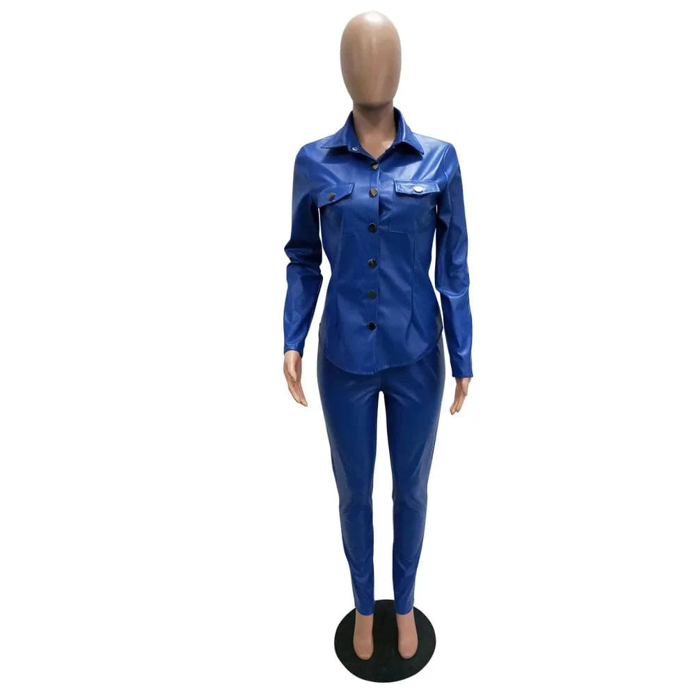 5 Color S-XXXL Winter Overalls PU Leather Shirt Pencil Pants Outfits Fashion Women Set Two Piece Set Casual Tracksuit