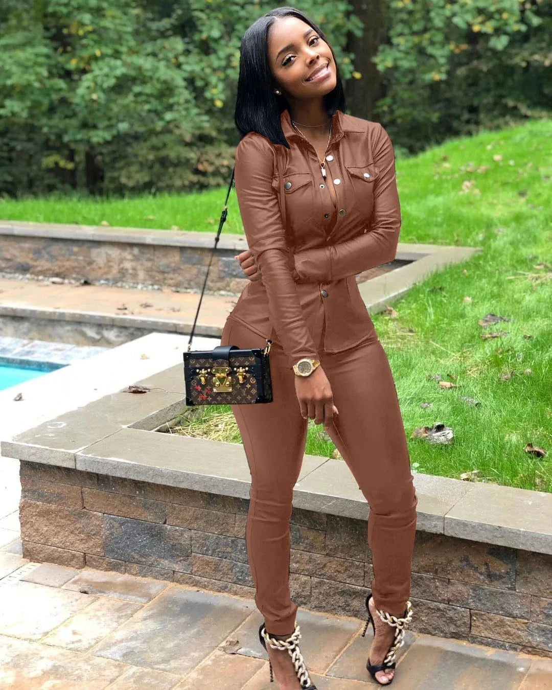 5 Color S-XXXL Winter Overalls PU Leather Shirt Pencil Pants Outfits Fashion Women Set Two Piece Set Casual Tracksuit