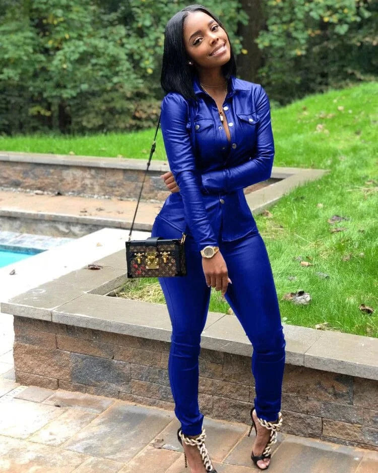 5 Color S-XXXL Winter Overalls PU Leather Shirt Pencil Pants Outfits Fashion Women Set Two Piece Set Casual Tracksuit