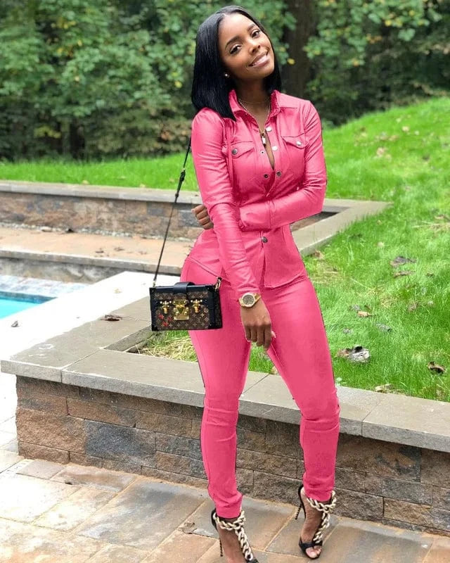 5 Color S-XXXL Winter Overalls PU Leather Shirt Pencil Pants Outfits Fashion Women Set Two Piece Set Casual Tracksuit