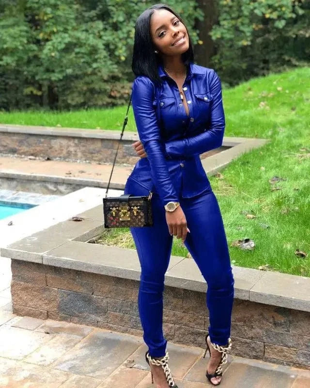 5 Color S-XXXL Winter Overalls PU Leather Shirt Pencil Pants Outfits Fashion Women Set Two Piece Set Casual Tracksuit