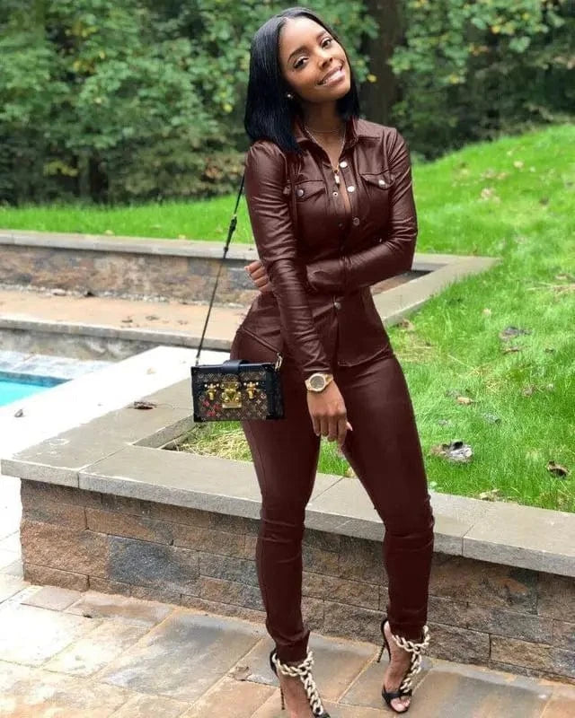 5 Color S-XXXL Winter Overalls PU Leather Shirt Pencil Pants Outfits Fashion Women Set Two Piece Set Casual Tracksuit