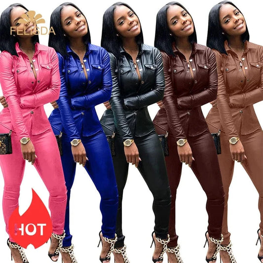 5 Color S-XXXL Winter Overalls PU Leather Shirt Pencil Pants Outfits Fashion Women Set Two Piece Set Casual Tracksuit