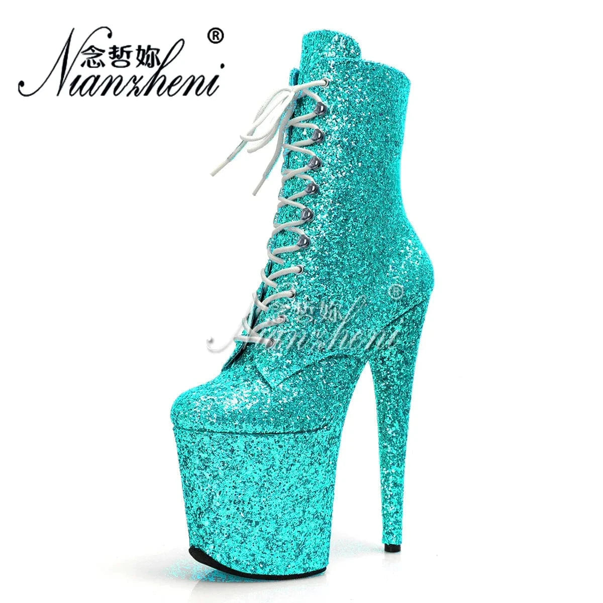 5 / Green Exotic Dancer 20cm Ankle Boots Bling Sequin Catwalk Women Nightclub Thin Heels Elegant Sexy Fetish Shoes Round Toe Gothic Women