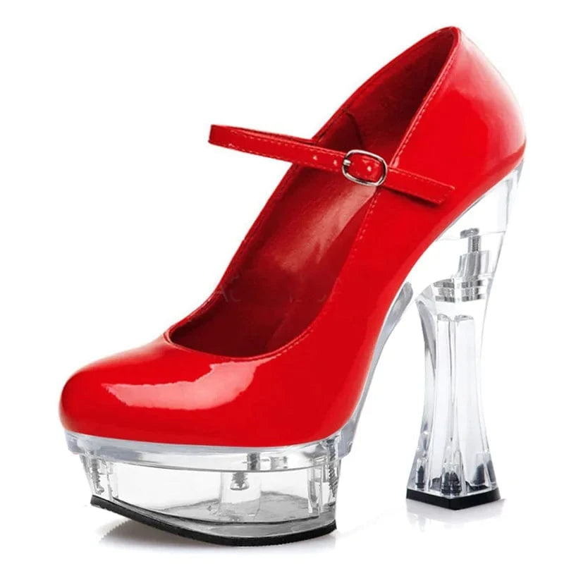 5 / Red 14CM High heeled shoes 7 inch Thick platform Shallow Novelty Pumps Fashion Party Dress Round patent leather Mary Jane wristband