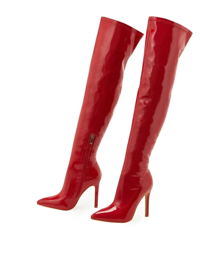5 / Red BUSY GIRL XSD4793 long boots for women soft leather zip 11.5cm high heels for ladies over thr knee stretch thigh high boots