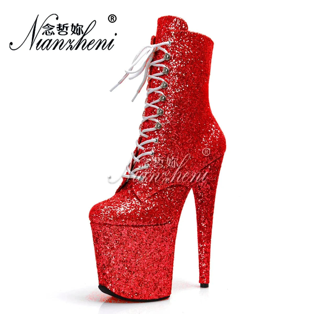 5 / Red Exotic Dancer 20cm Ankle Boots Bling Sequin Catwalk Women Nightclub Thin Heels Elegant Sexy Fetish Shoes Round Toe Gothic Women