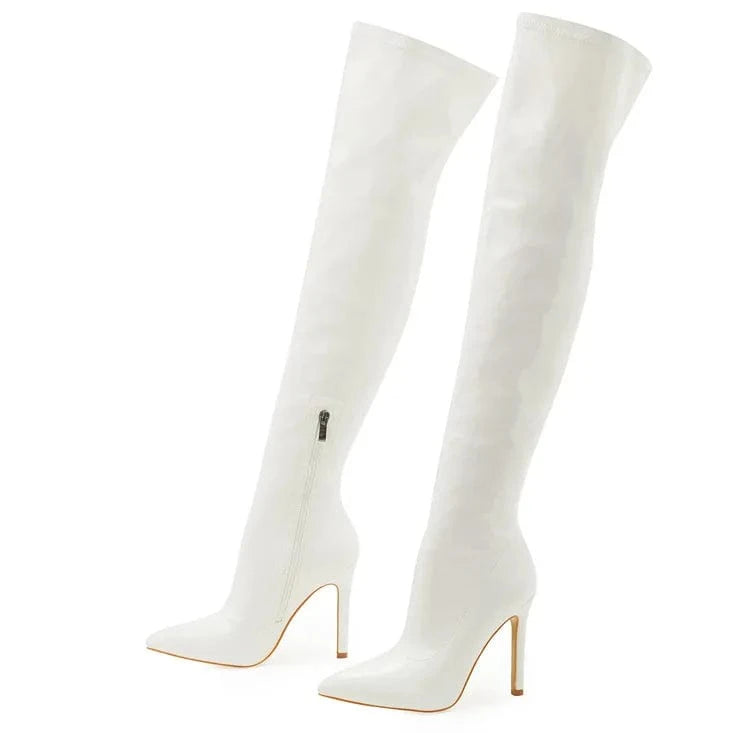 5 / White BUSY GIRL XSD4793 long boots for women soft leather zip 11.5cm high heels for ladies over thr knee stretch thigh high boots