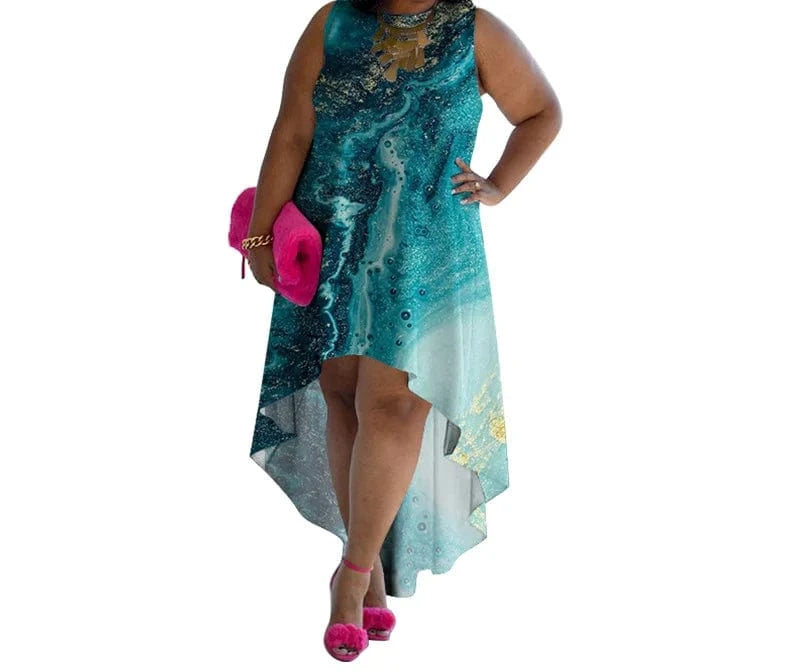 5 XL / 3 ZHEZHE New Arrivals Summer African Xl-5Xl Plus Size Women Clothing Sleeveless Tank Top Floral Loose Irregular Midi Casual Dress
