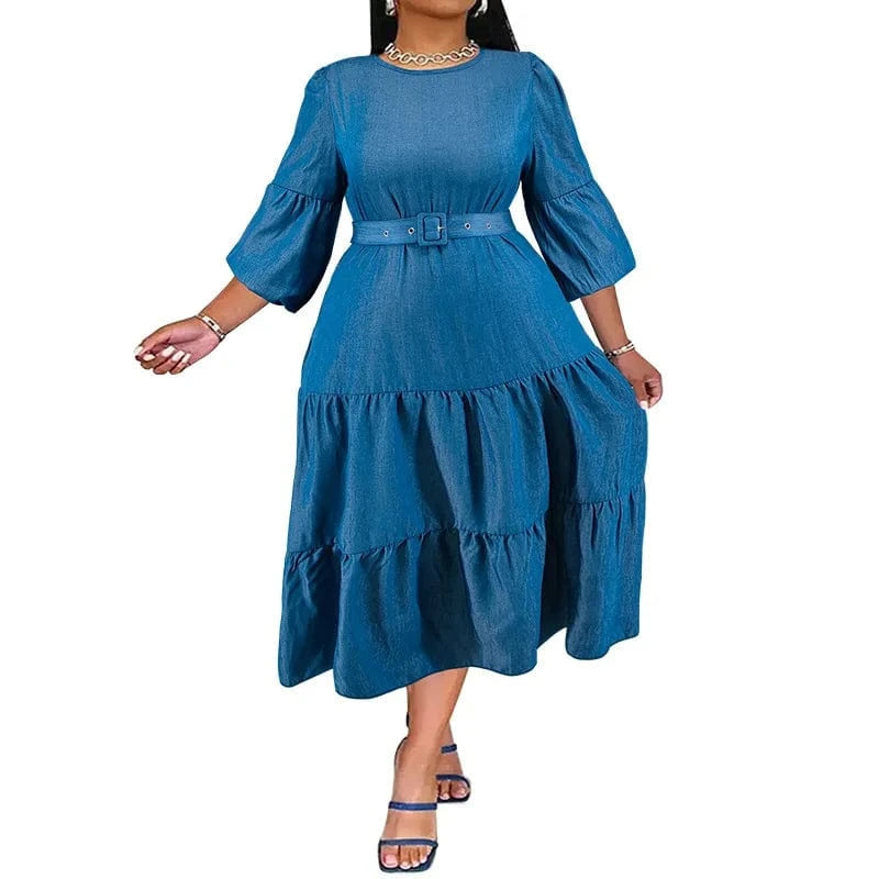5 XL / Blue 2024 new oversized women's pleated skirt includes a belt with slight reflection and color changing xl-5xl women's denim dress