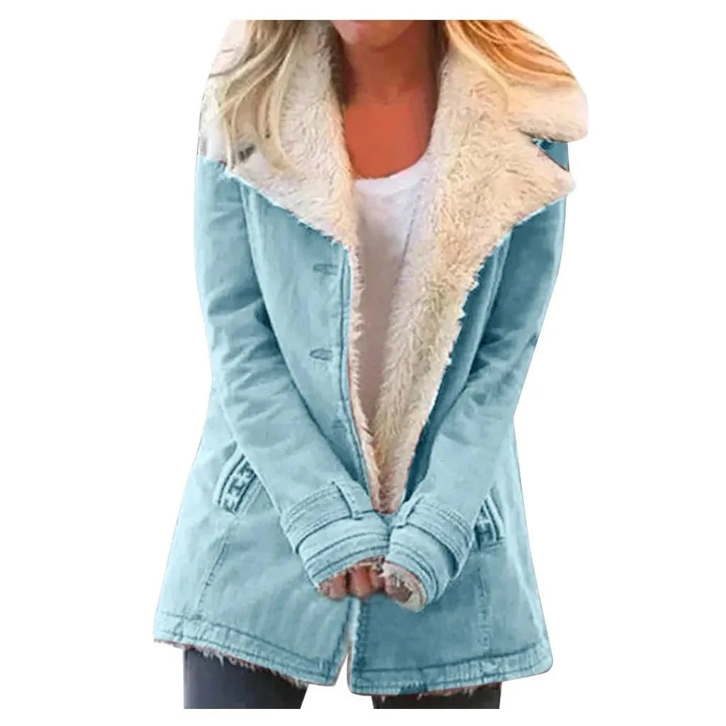 5 XL / Blue S-5XL Autumn/Winter Solid Color Plush Collar Medium length Coat Collar long windbreaker
