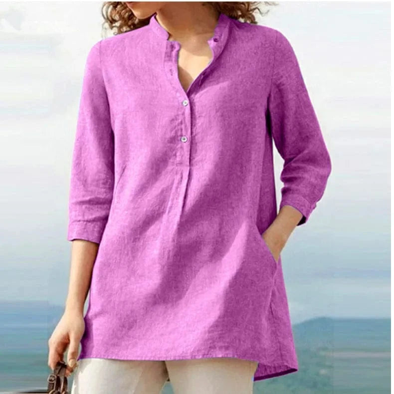 5 XL / Fuchsia 2024 Autumn Women Elegant Solid color Ruffle blouse shirt Casual stand collar loose blouse