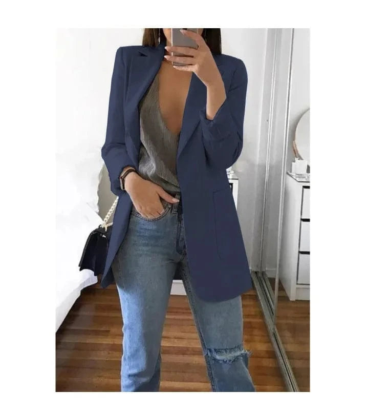 5 XL / NAVY Hot Sale Plus Size Coat Long Sleeve Fashion Lapel Slim Cardigan Temperament Suit Jacket Women Blazer