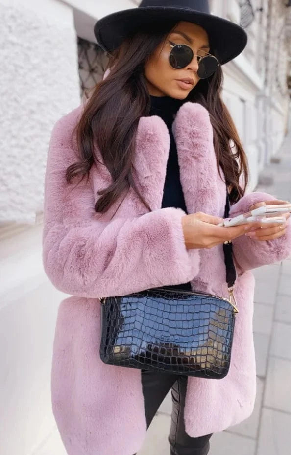 5 XL / Pink Liu Ming High Quality Winter Women Elegant Fashion Thick Warm Overcoat Faux Fox Fur Jacket Long 5XL Coats