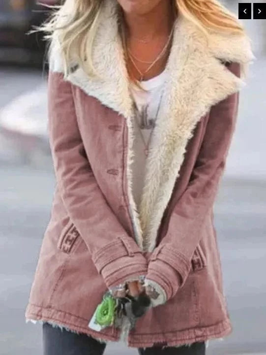 5 XL / Pink S-5XL Autumn/Winter Solid Color Plush Collar Medium length Coat Collar long windbreaker