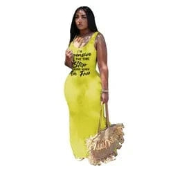 5 XL / Yellow J&H fashion chic scoop neck tank top sleeveless statement shirt full length sexy bodycon women autumn dresses summer clothes