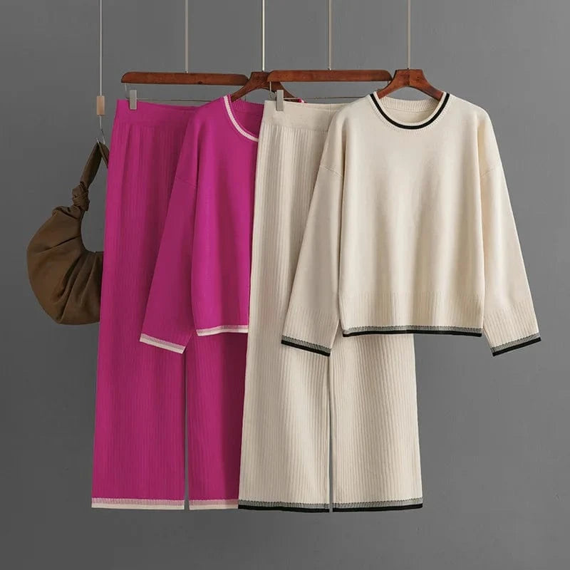 50% Off Wholesale Autumn Winter Cross Border Round Neck Solid Color Sweater Knit Women's Warm Winter Two Piece Knit Sweater Sets