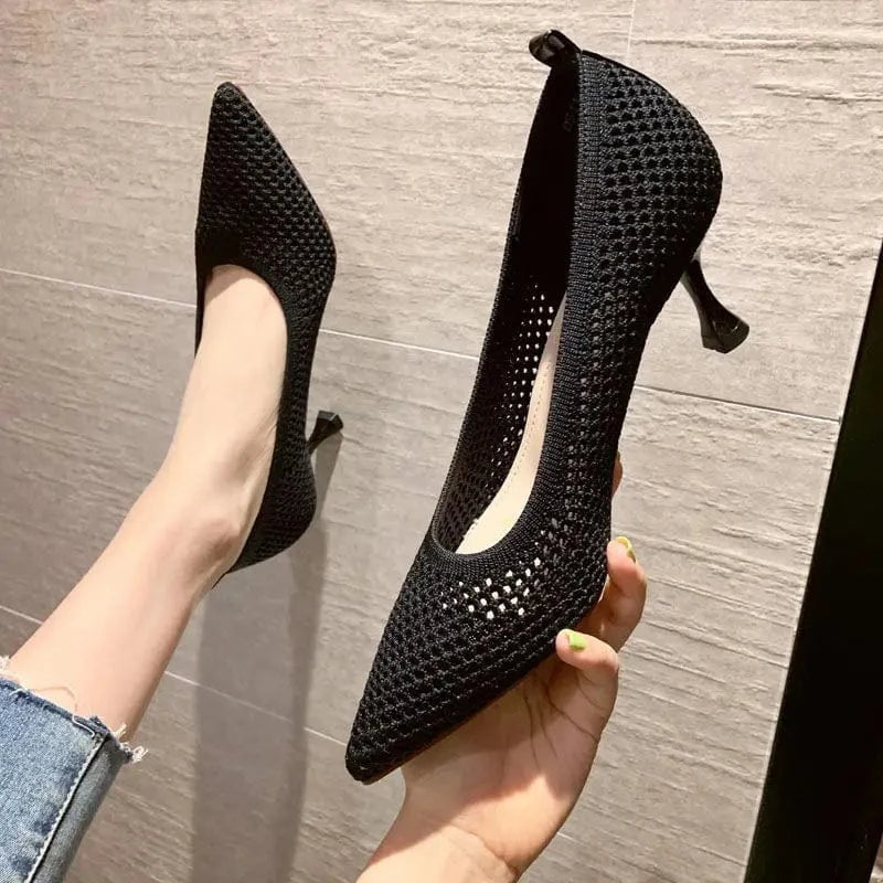 50%OFF Women Pumps Summer Comfortable Triangle Heeled Party Shoes Stiletto Sexy Single Shoes Flying Woven Mesh Breathable Women