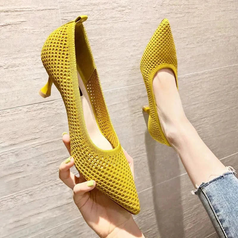 50%OFF Women Pumps Summer Comfortable Triangle Heeled Party Shoes Stiletto Sexy Single Shoes Flying Woven Mesh Breathable Women