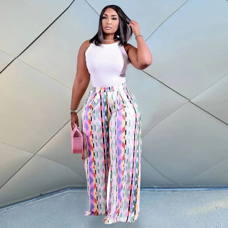 5103 Plus Size Pretty Print Palazzo Pants High Waist Loose Long Wide Leg Pants Women's Pants & trousers