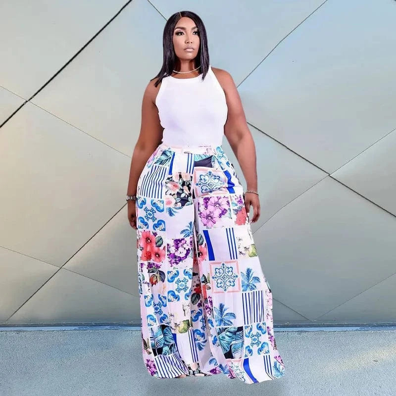 5103 Plus Size Pretty Print Palazzo Pants High Waist Loose Long Wide Leg Pants Women's Pants & trousers