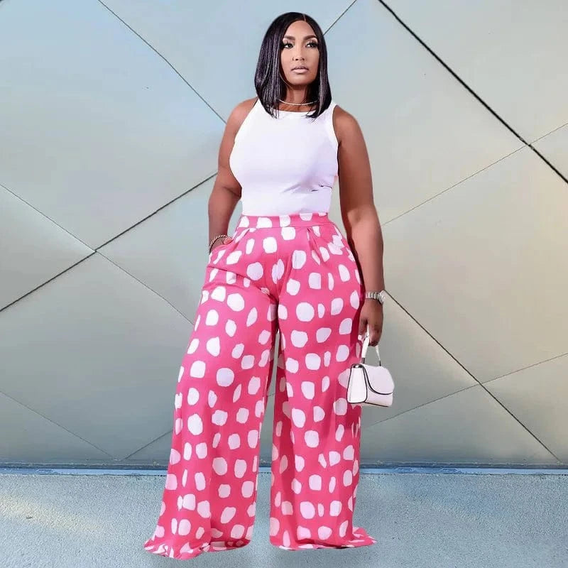5103 Plus Size Pretty Print Palazzo Pants High Waist Loose Long Wide Leg Pants Women's Pants & trousers