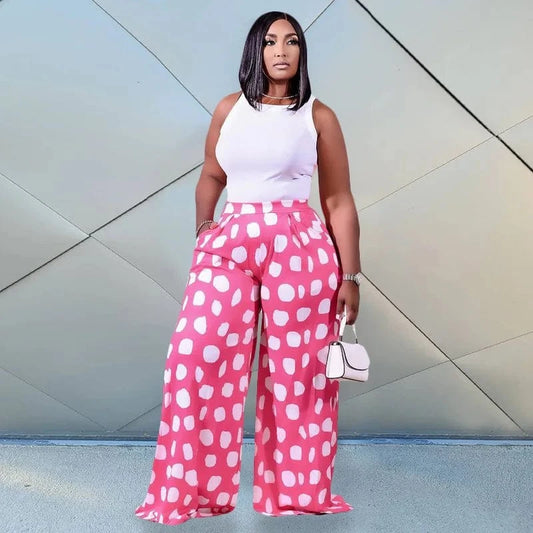 5103 Plus Size Pretty Print Palazzo Pants High Waist Loose Long Wide Leg Pants Women's Pants & trousers