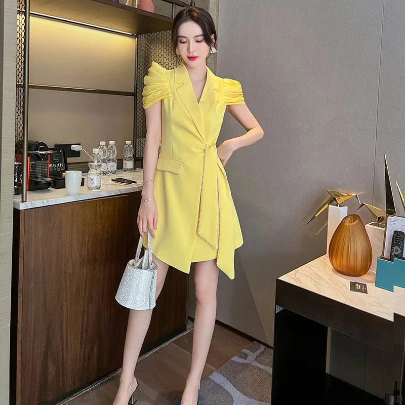 5693 Women Clothing Wholesale White Ruffle Sleeve V Neck Lady Casual Blazer Dress