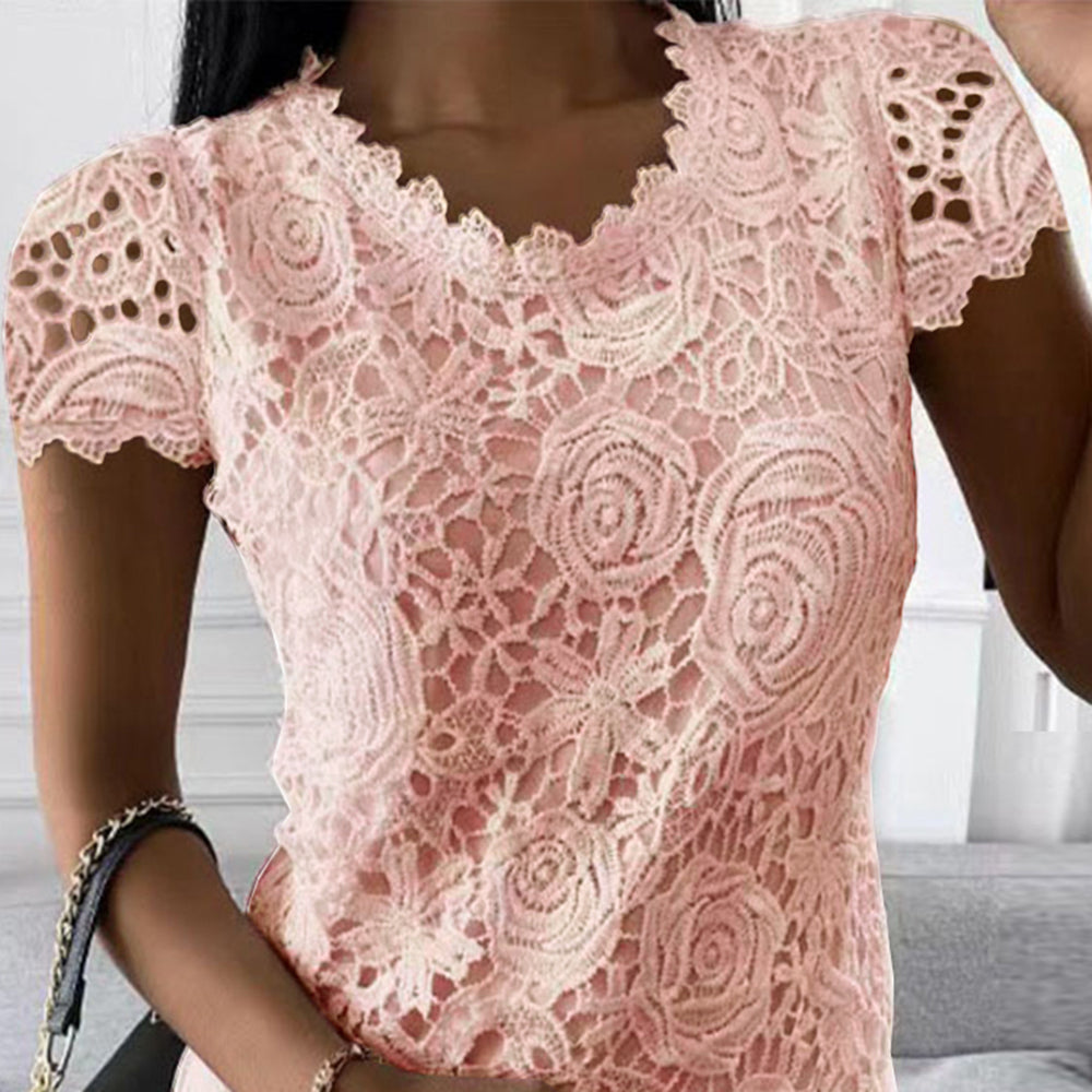 Womens Lace Round Neck Tops T-Shirts Ladies Summer Casual Short Sleeve Blouse Pullover Fashion Clothing For