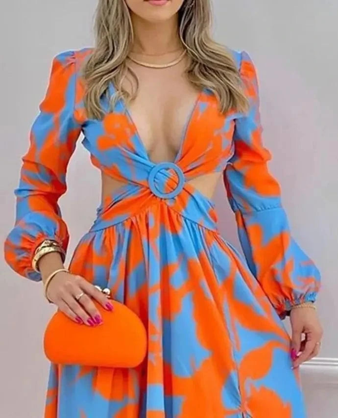 5819# chic design vintage chiffon floral printing casual elegant long maxi dress loose empire Bohemia hollow out dress