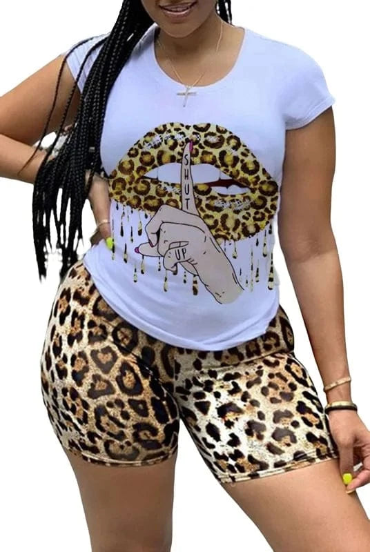 5XL Plus Size Women Clothing Two Piece Set Tracksuit Lips Print Tshirt Top Leopard Biker Shorts Sweat Suit 2 Pcs Women Set