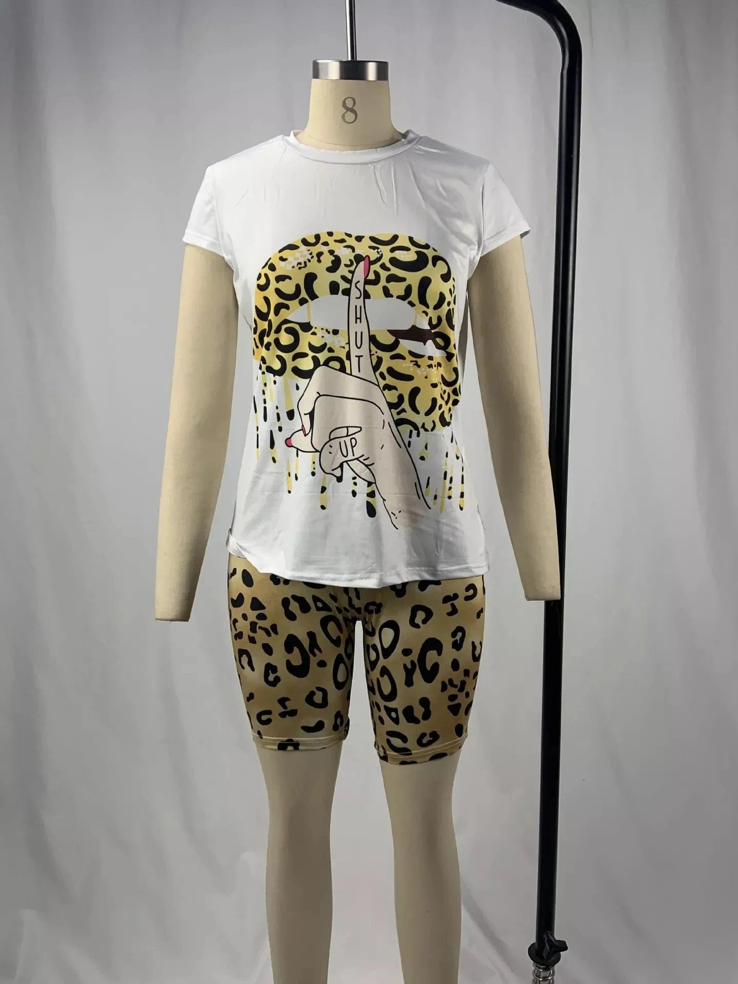 5XL Plus Size Women Clothing Two Piece Set Tracksuit Lips Print Tshirt Top Leopard Biker Shorts Sweat Suit 2 Pcs Women Set