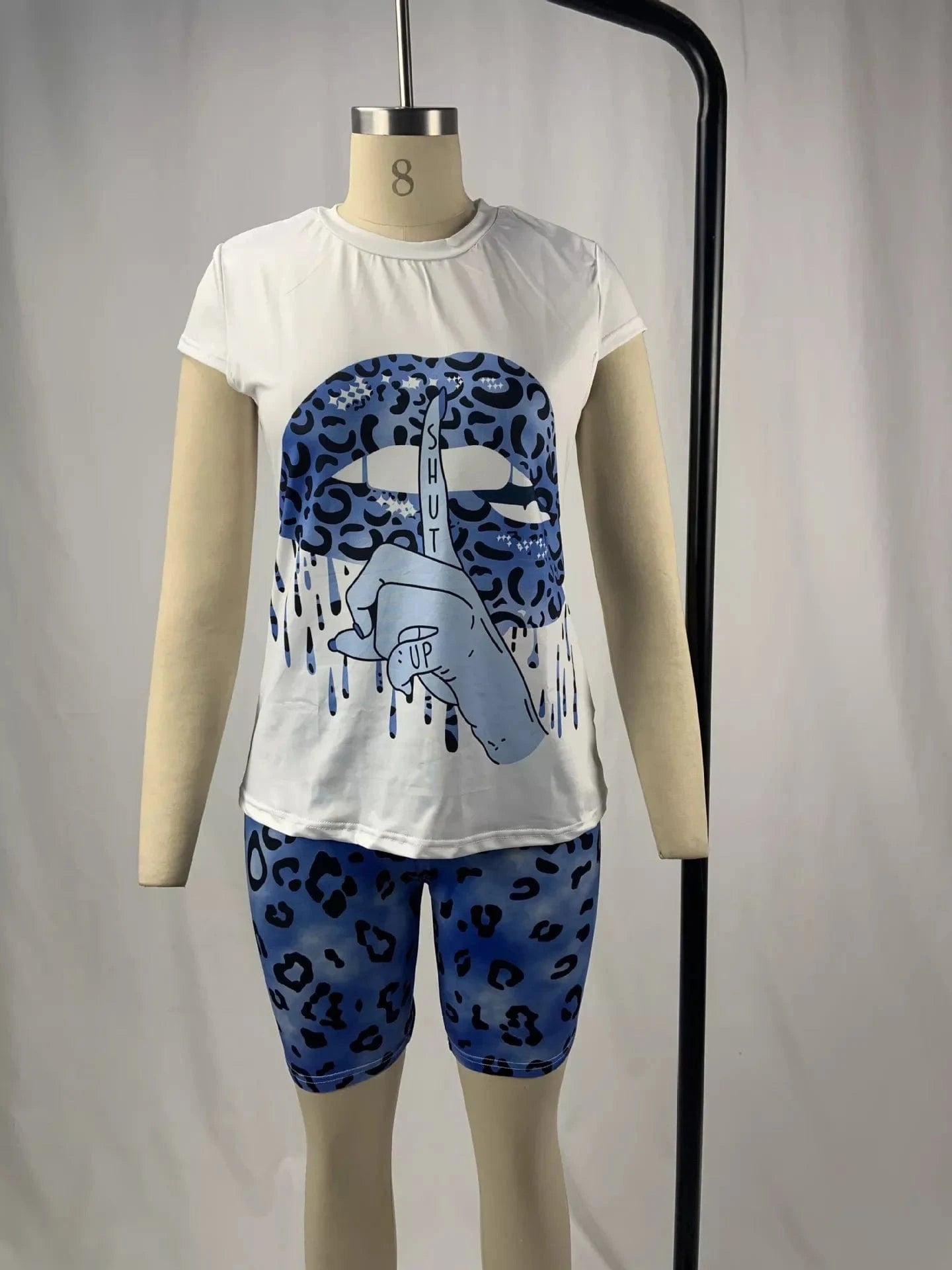 5XL Plus Size Women Clothing Two Piece Set Tracksuit Lips Print Tshirt Top Leopard Biker Shorts Sweat Suit 2 Pcs Women Set