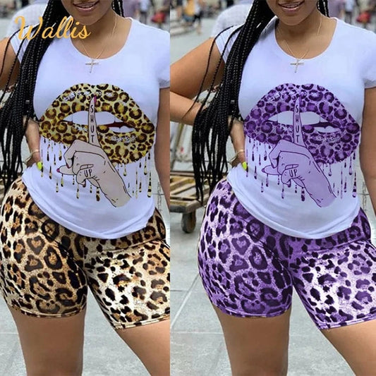 5XL Plus Size Women Clothing Two Piece Set Tracksuit Lips Print Tshirt Top Leopard Biker Shorts Sweat Suit 2 Pcs Women Set
