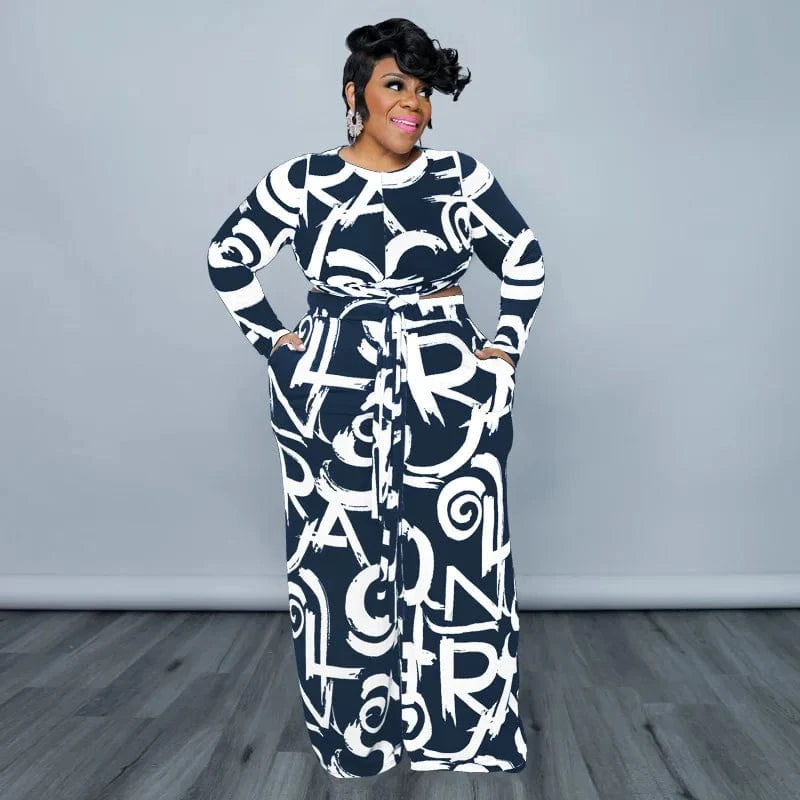 5XL / Tibetan blue DAMOCHIC Factory Wholesale 2 Piece Set Women Spring Autumn Crop Tops Matchin Suits Print plus size Women's Two Piece Sets 2023