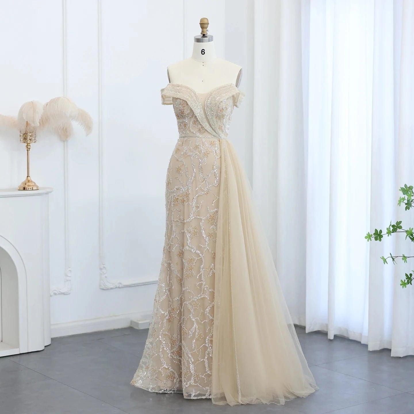 6 / 1 Elegant Off Shoulder Mermaid Lilac Evening Dress with Overskirt 2024 Plus Size Women Blue Wedding Party Gown SZ055